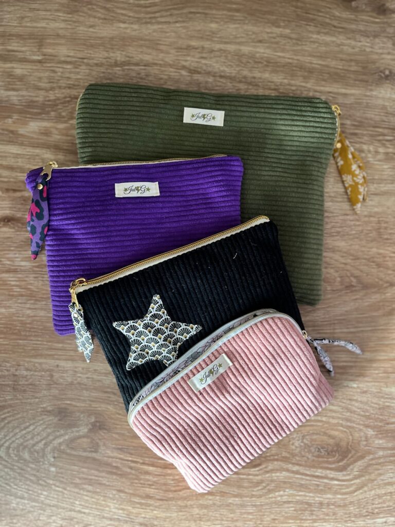 Pochettes matelassées artisanales personnalisables avec plastron étoile en velours côtelé couleur variées